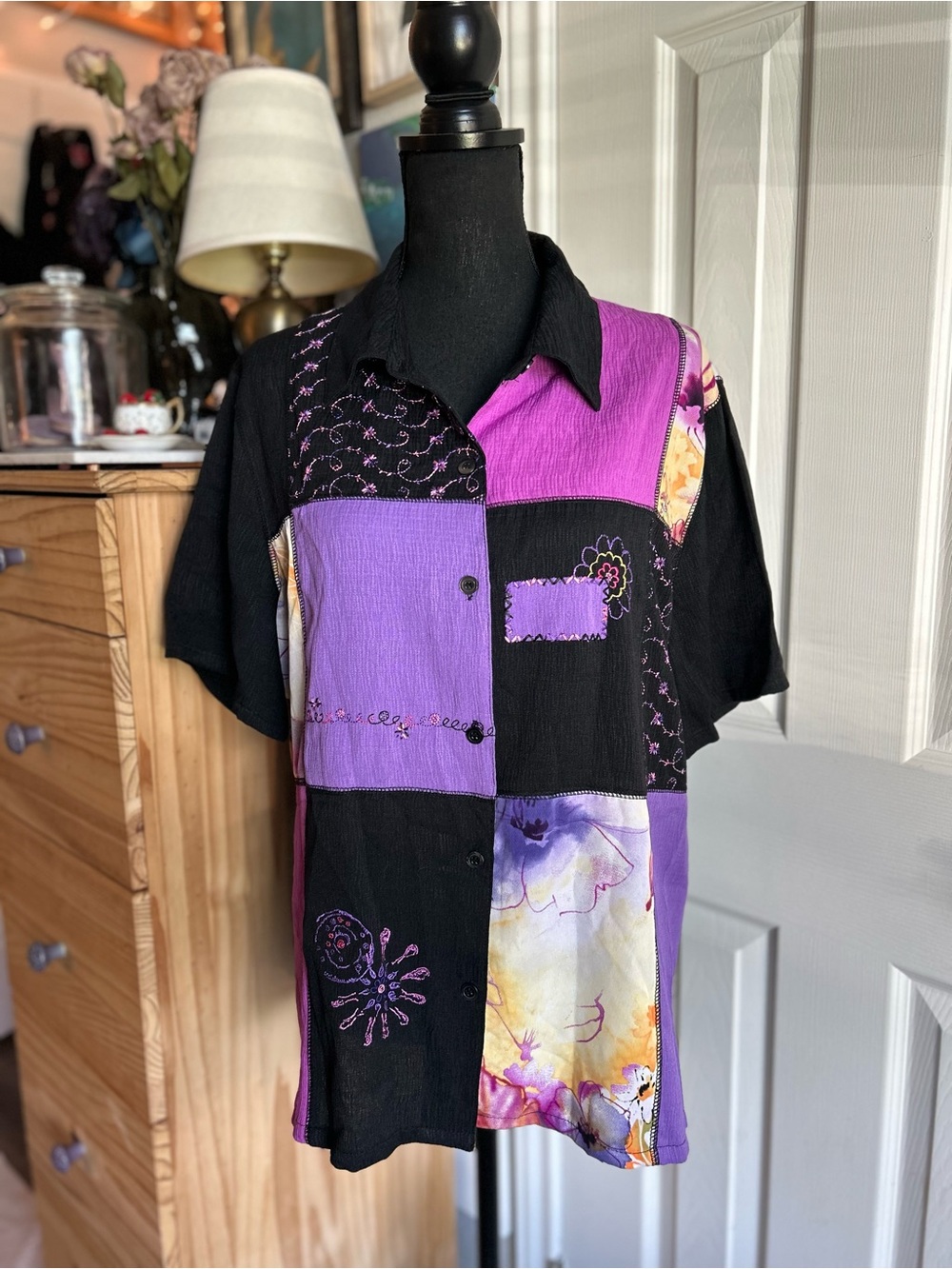 Vintage black and purple patchwork embroidered button down blouse